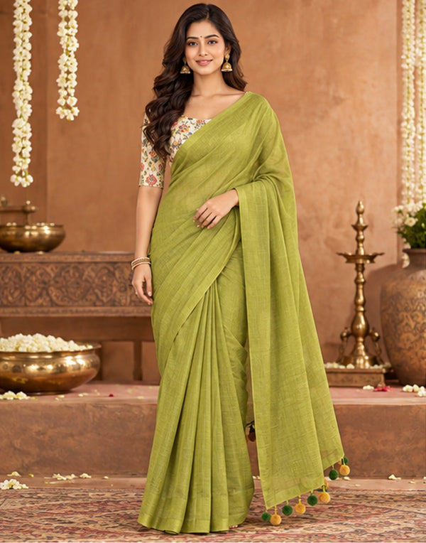 Lime Green Cotton-Acrylic Saree with Floral Blouse & Tassels ClothsVilla