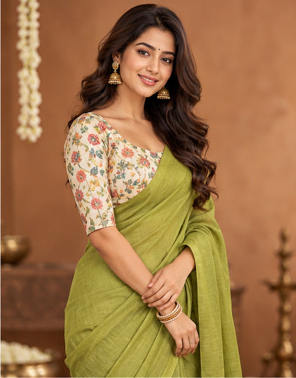 Lime Green Cotton-Acrylic Saree with Floral Blouse & Tassels ClothsVilla