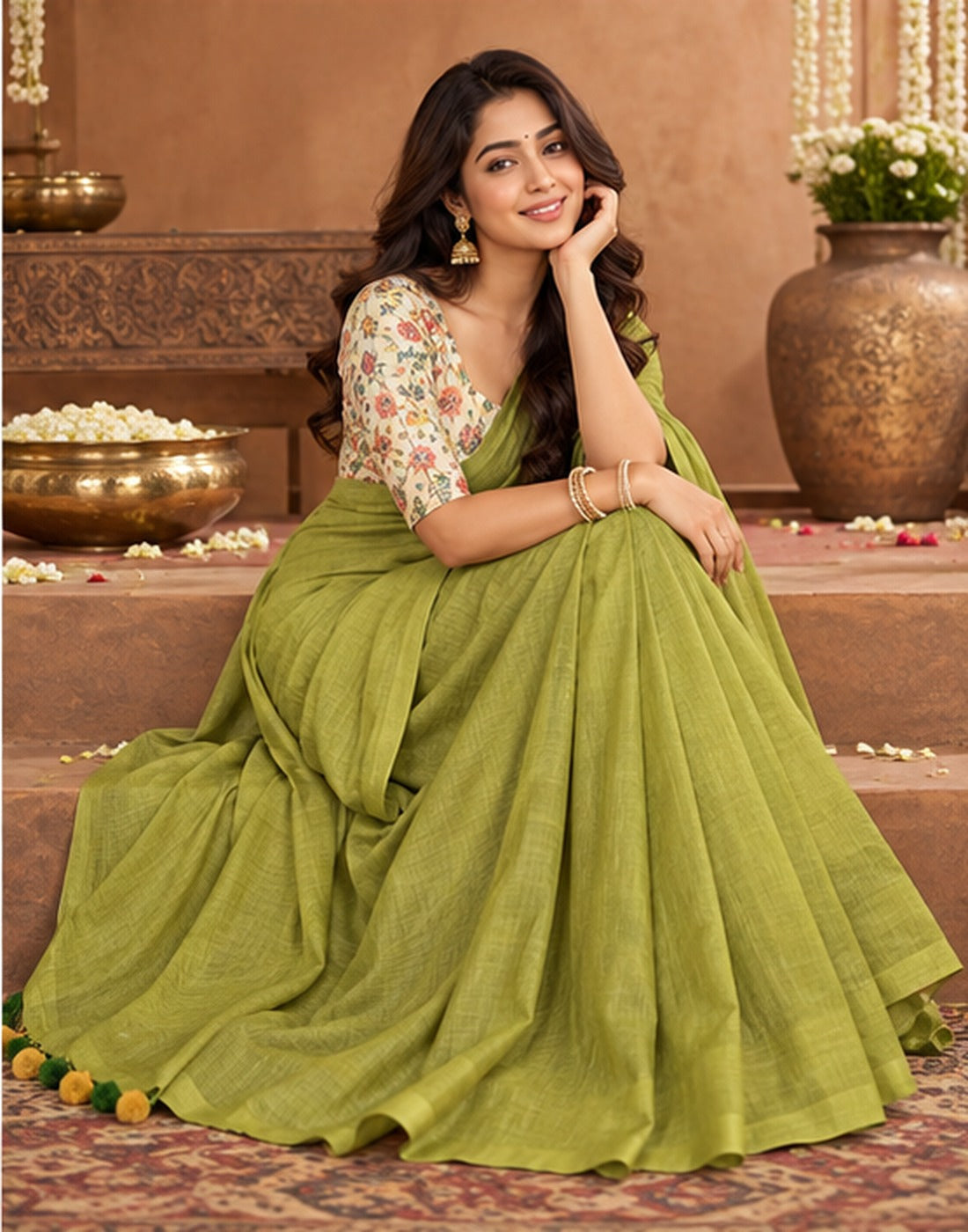 Lime Green Cotton-Acrylic Saree with Floral Blouse & Tassels ClothsVilla