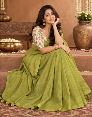 Lime Green Cotton-Acrylic Saree with Floral Blouse & Tassels ClothsVilla