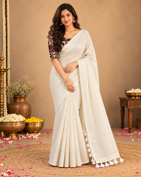 Off-White Textured Cotton-Acrylic Saree with Multicolor Designer Blouse ClothsVilla Main image