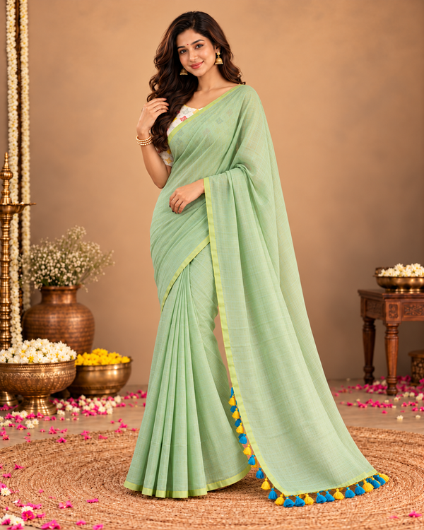 Pistachio Green Textured Cotton-Acrylic Saree with Floral Designer Blouse ClothsVilla