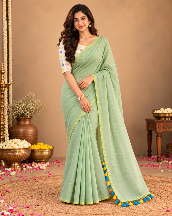 Pistachio Green Textured Cotton-Acrylic Saree with Floral Designer Blouse ClothsVilla