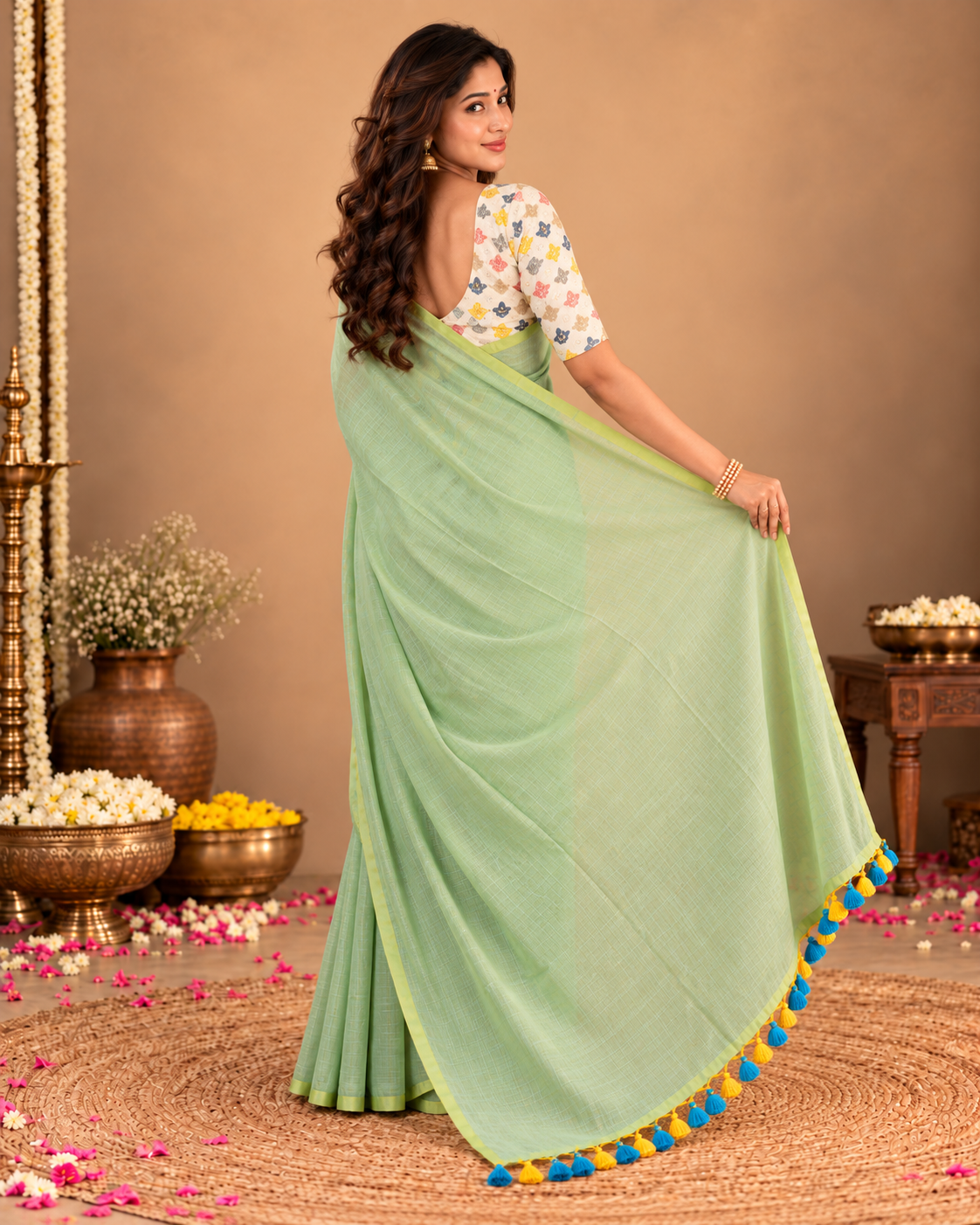 Pistachio Green Textured Cotton-Acrylic Saree with Floral Designer Blouse ClothsVilla
