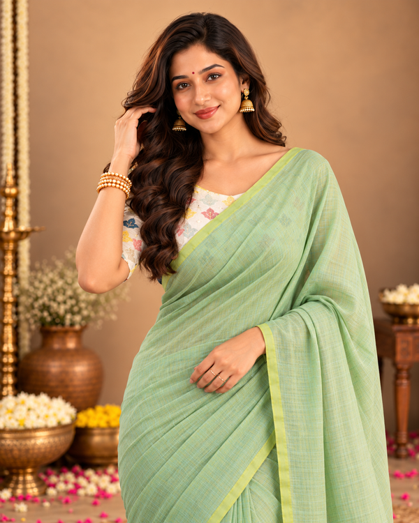 Pistachio Green Textured Cotton-Acrylic Saree with Floral Designer Blouse ClothsVilla