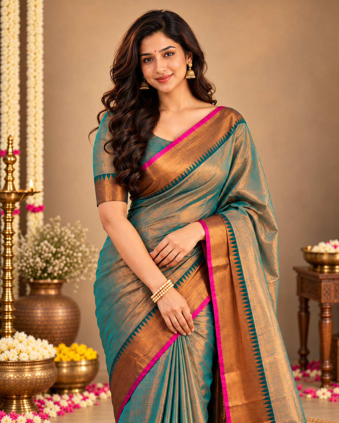Rama Green Tissue Cotton Saree with Antique Bronze Border & Magenta Edge ClothsVilla