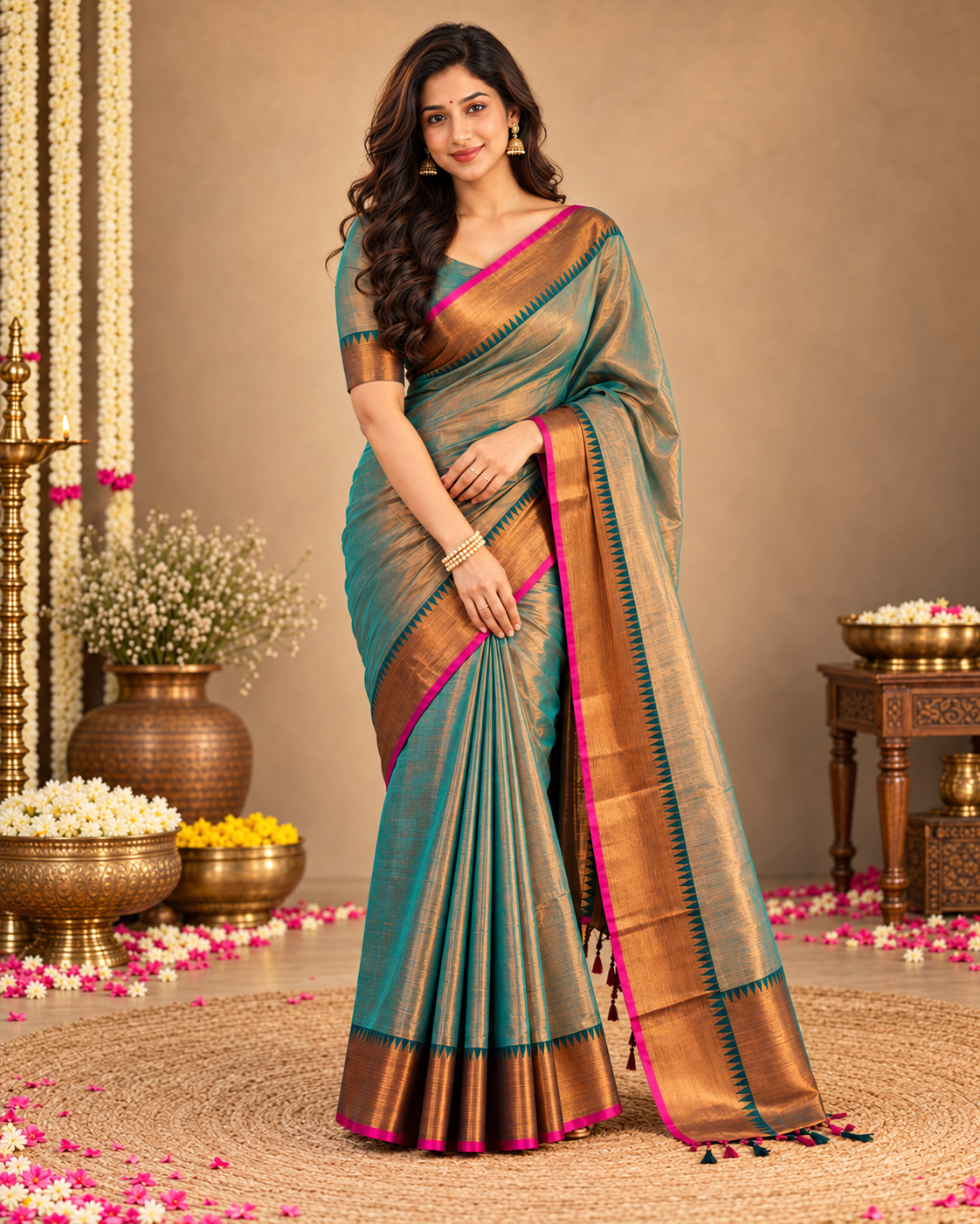 Rama Green Tissue Cotton Saree with Antique Bronze Border & Magenta Edge ClothsVilla