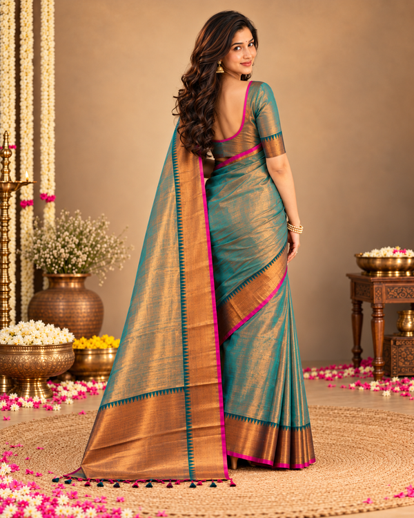 Rama Green Tissue Cotton Saree with Antique Bronze Border & Magenta Edge ClothsVilla