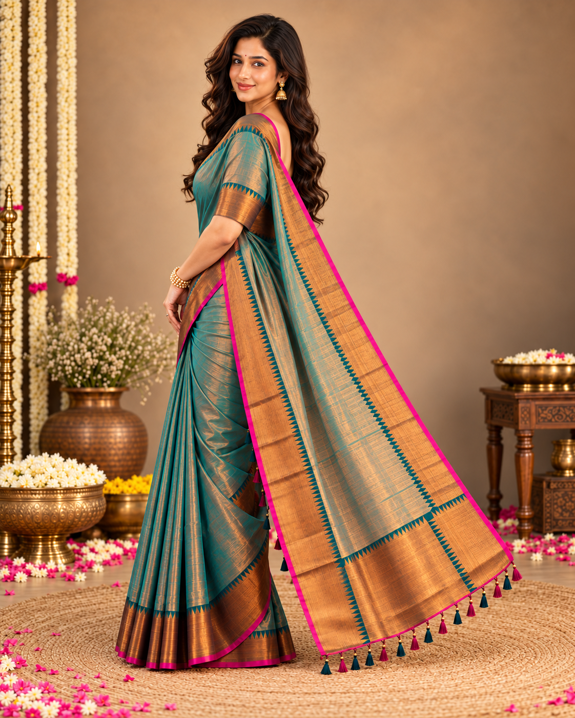 Rama Green Tissue Cotton Saree with Antique Bronze Border & Magenta Edge ClothsVilla
