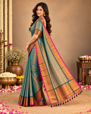 Rama Green Tissue Cotton Saree with Antique Bronze Border & Magenta Edge ClothsVilla