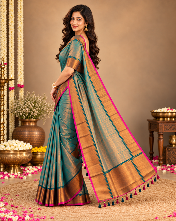 Rama Green Tissue Cotton Saree with Antique Bronze Border & Magenta Edge ClothsVilla