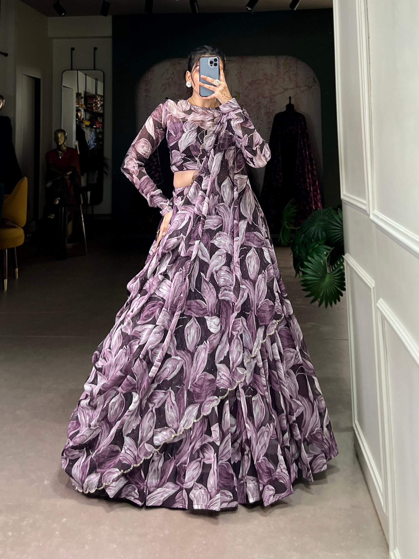 Coffee Glamorous Grace Tabby Silk Lehenga Set with Hotfix Detailing