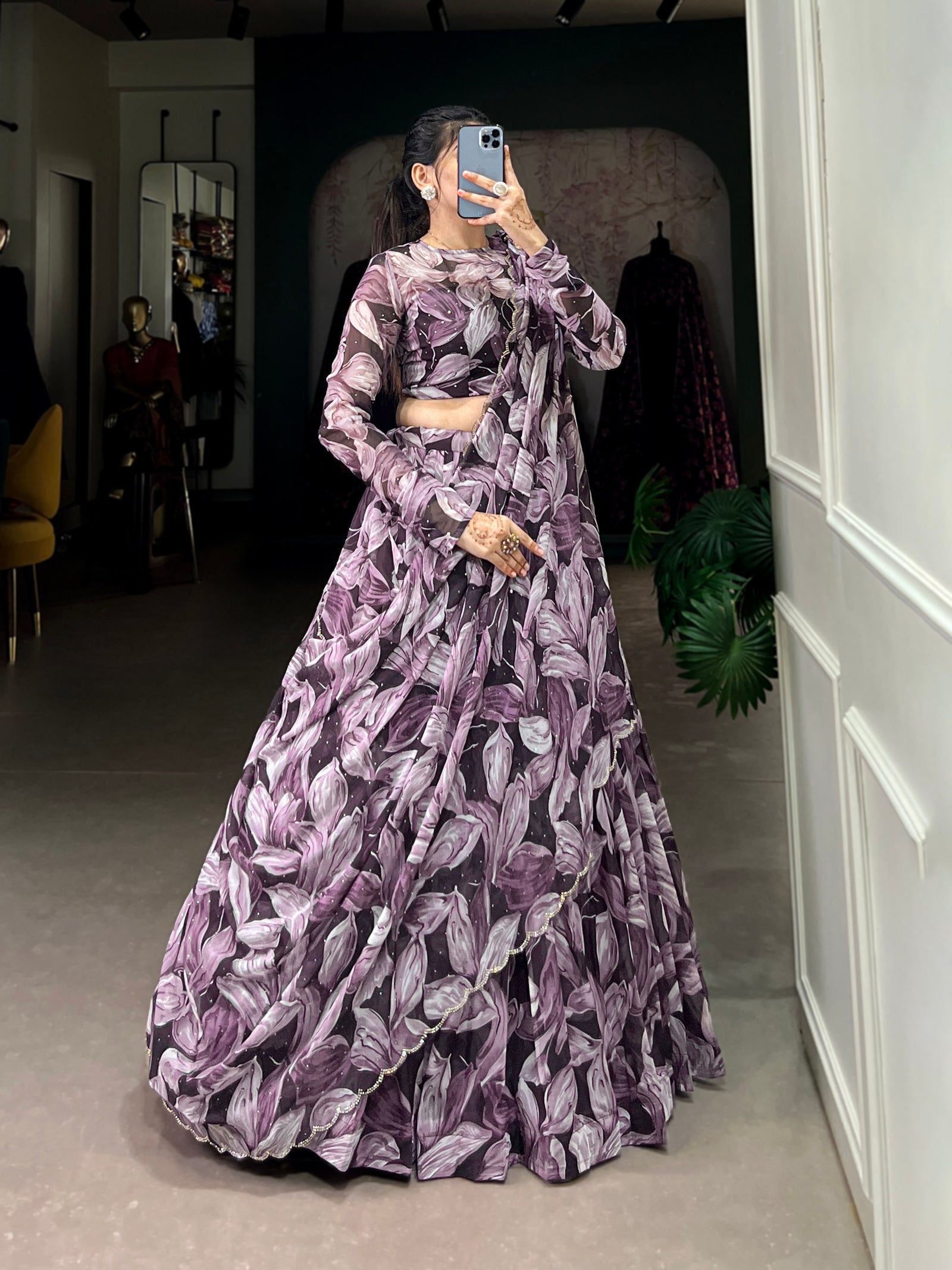 Coffee Glamorous Grace Tabby Silk Lehenga Set with Hotfix Detailing