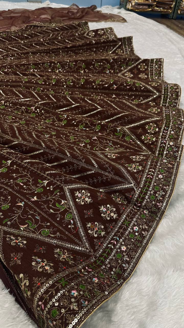Coffee Silk Embroidered Lehenga Choli Set ClothsVilla