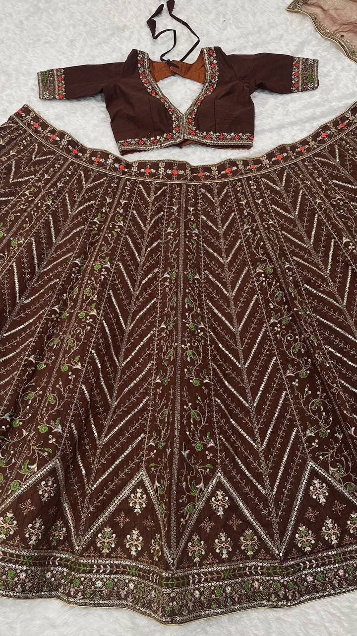 Coffee Silk Embroidered Lehenga Choli Set ClothsVilla