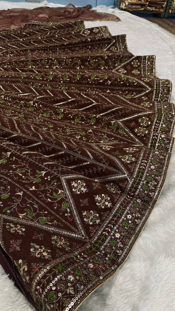 Coffee Silk Embroidered Lehenga Choli Set ClothsVilla