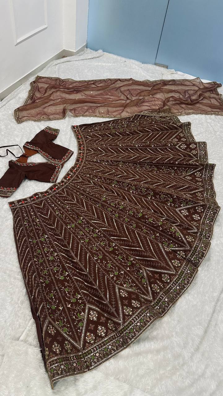 Coffee Silk Embroidered Lehenga Choli Set ClothsVilla