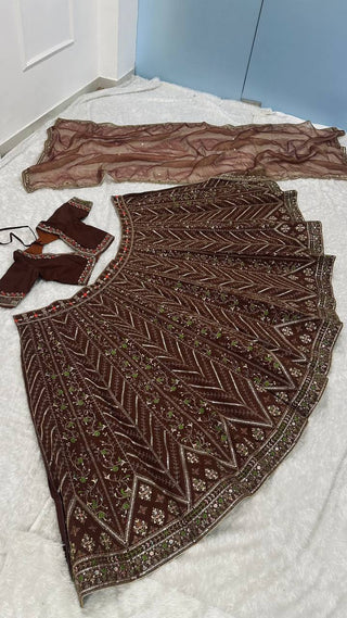 Coffee Silk Embroidered Lehenga Choli Set ClothsVilla