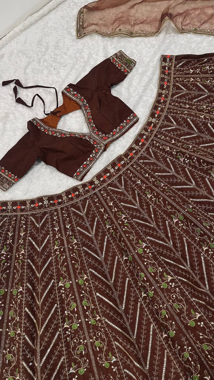 Coffee Silk Embroidered Lehenga Choli Set ClothsVilla