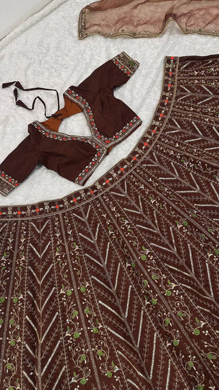 Coffee Silk Embroidered Lehenga Choli Set ClothsVilla