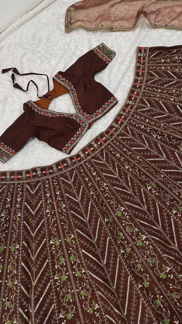 Coffee Silk Embroidered Lehenga Choli Set ClothsVilla