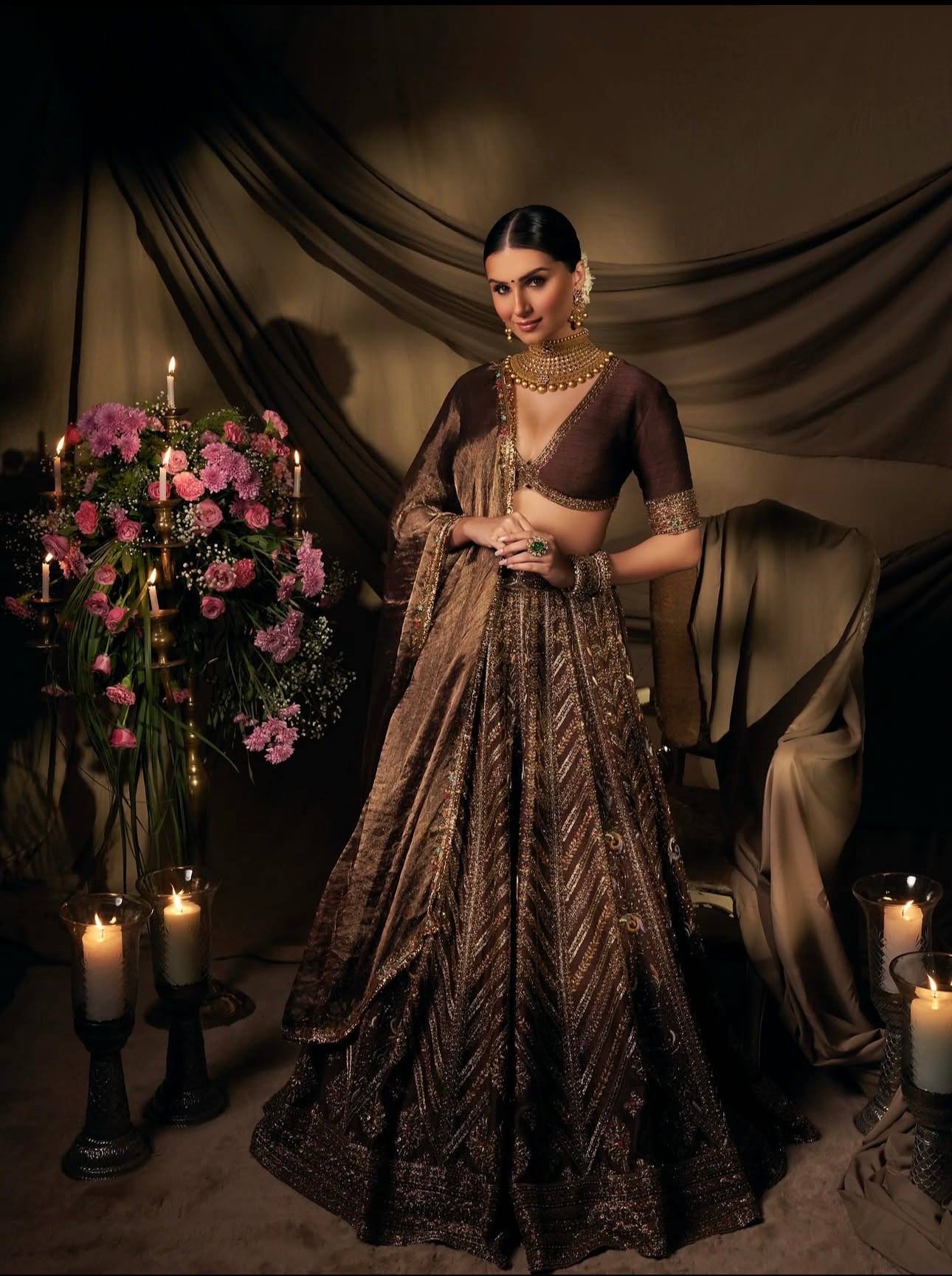 Coffee Silk Embroidered Lehenga Choli Set ClothsVilla