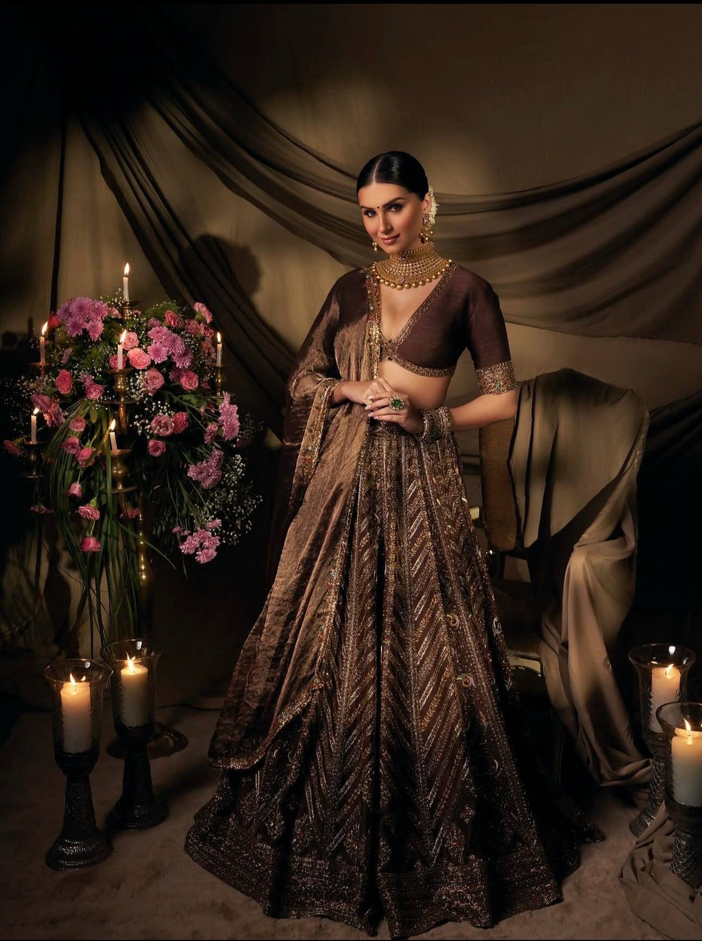 Coffee Silk Embroidered Lehenga Choli Set ClothsVilla