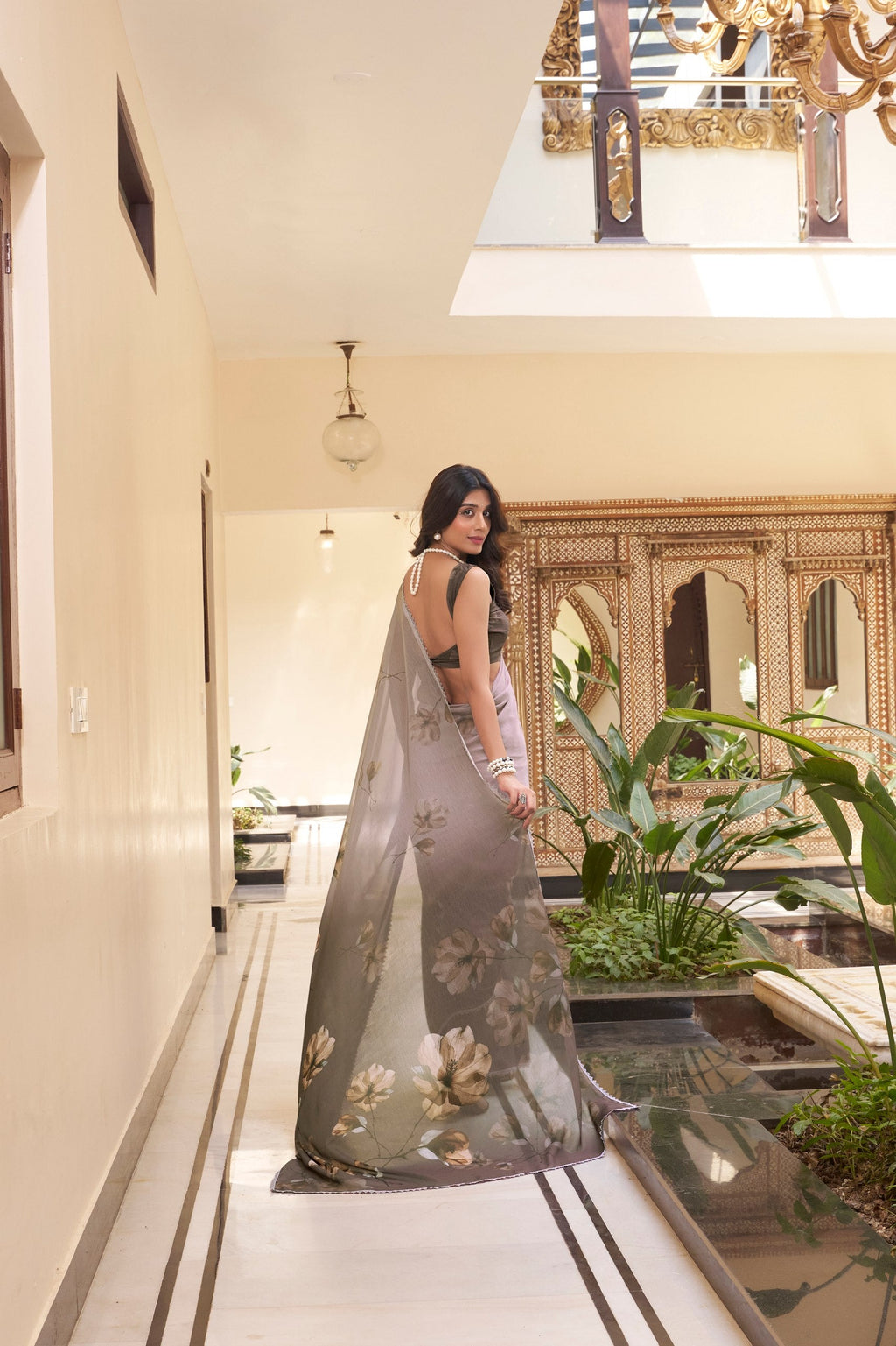 Coffee Weightless Marbal Floral Printed Saree with Lace Border & Matching Blouse ClothsVilla