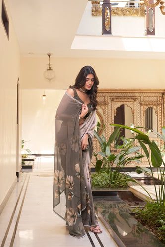 Coffee Weightless Marbal Floral Printed Saree with Lace Border & Matching Blouse ClothsVilla