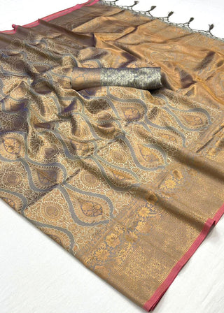 Copper Gray Regal Banarasi Silk Saree with Gold & Silver Zari Brocade Work ClothsVilla