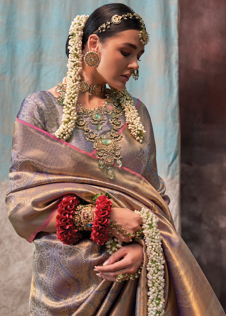 Copper Gray Regal Banarasi Silk Saree with Gold & Silver Zari Brocade Work ClothsVilla