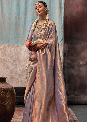 Copper Gray Regal Banarasi Silk Saree with Gold & Silver Zari Brocade Work ClothsVilla