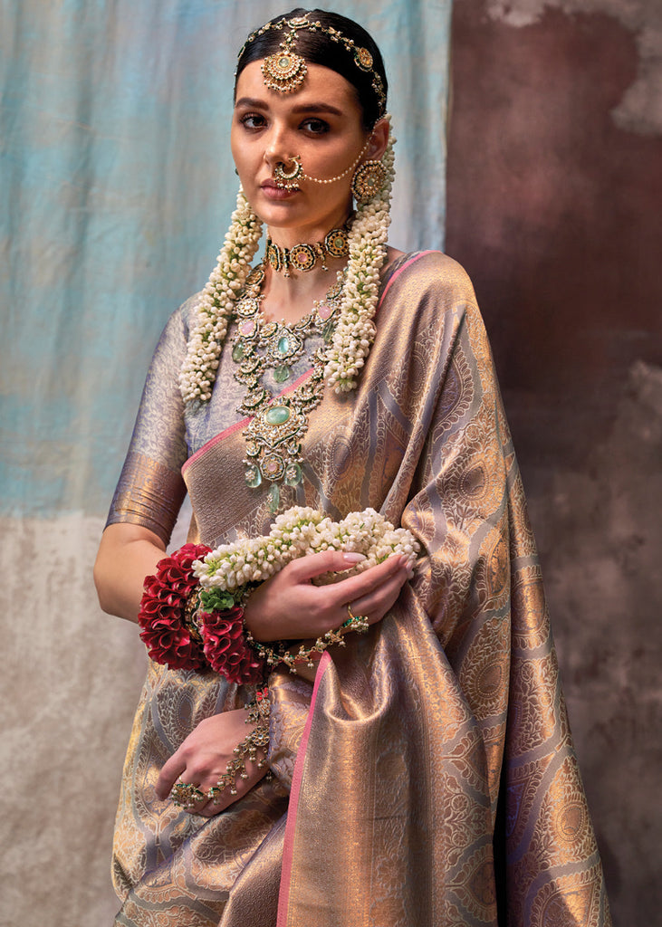 Copper Gray Regal Banarasi Silk Saree with Gold & Silver Zari Brocade Work ClothsVilla