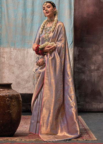 Copper Gray Regal Banarasi Silk Saree with Gold & Silver Zari Brocade Work ClothsVilla