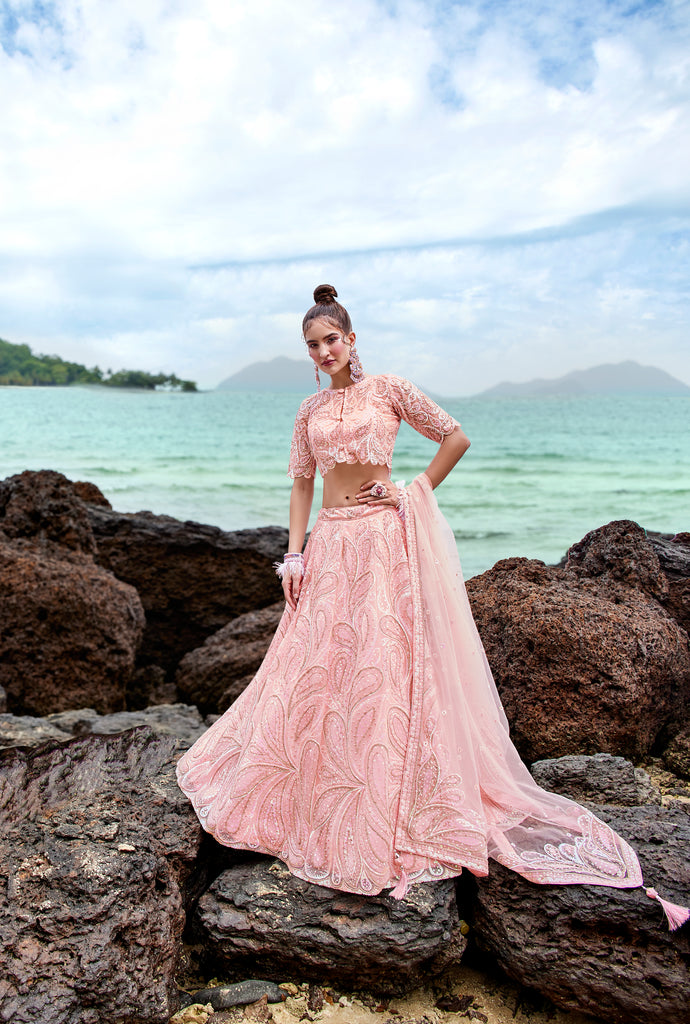 Coral Net Multi Sequins with heavy Zarkan embroidery Semi-Stitched Lehenga choli & Dupatta ClothsVilla