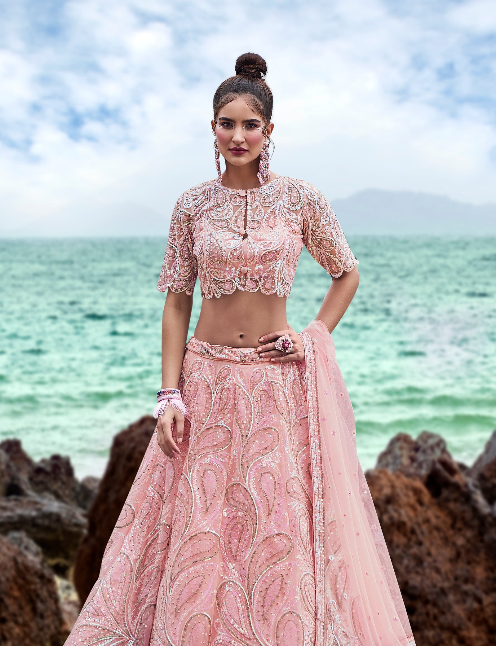 Coral Net Multi Sequins with heavy Zarkan embroidery Semi-Stitched Lehenga choli & Dupatta ClothsVilla