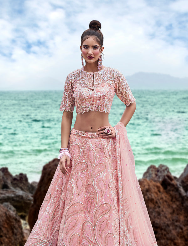 Coral Net Multi Sequins with heavy Zarkan embroidery Semi-Stitched Lehenga choli & Dupatta ClothsVilla