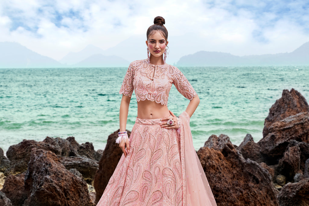 Coral Net Multi Sequins with heavy Zarkan embroidery Semi-Stitched Lehenga choli & Dupatta ClothsVilla