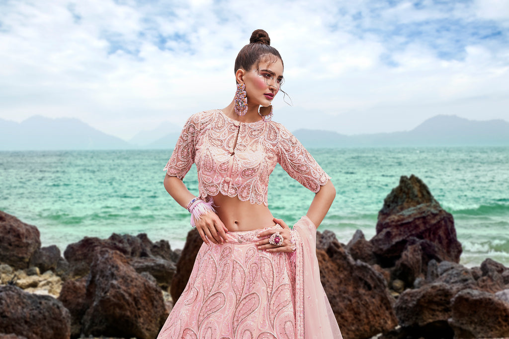 Coral Net Multi Sequins with heavy Zarkan embroidery Semi-Stitched Lehenga choli & Dupatta ClothsVilla