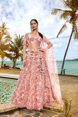 Coral Net Sequins and thread embroidery Semi-Stitched Lehenga choli & Dupatta ClothsVilla