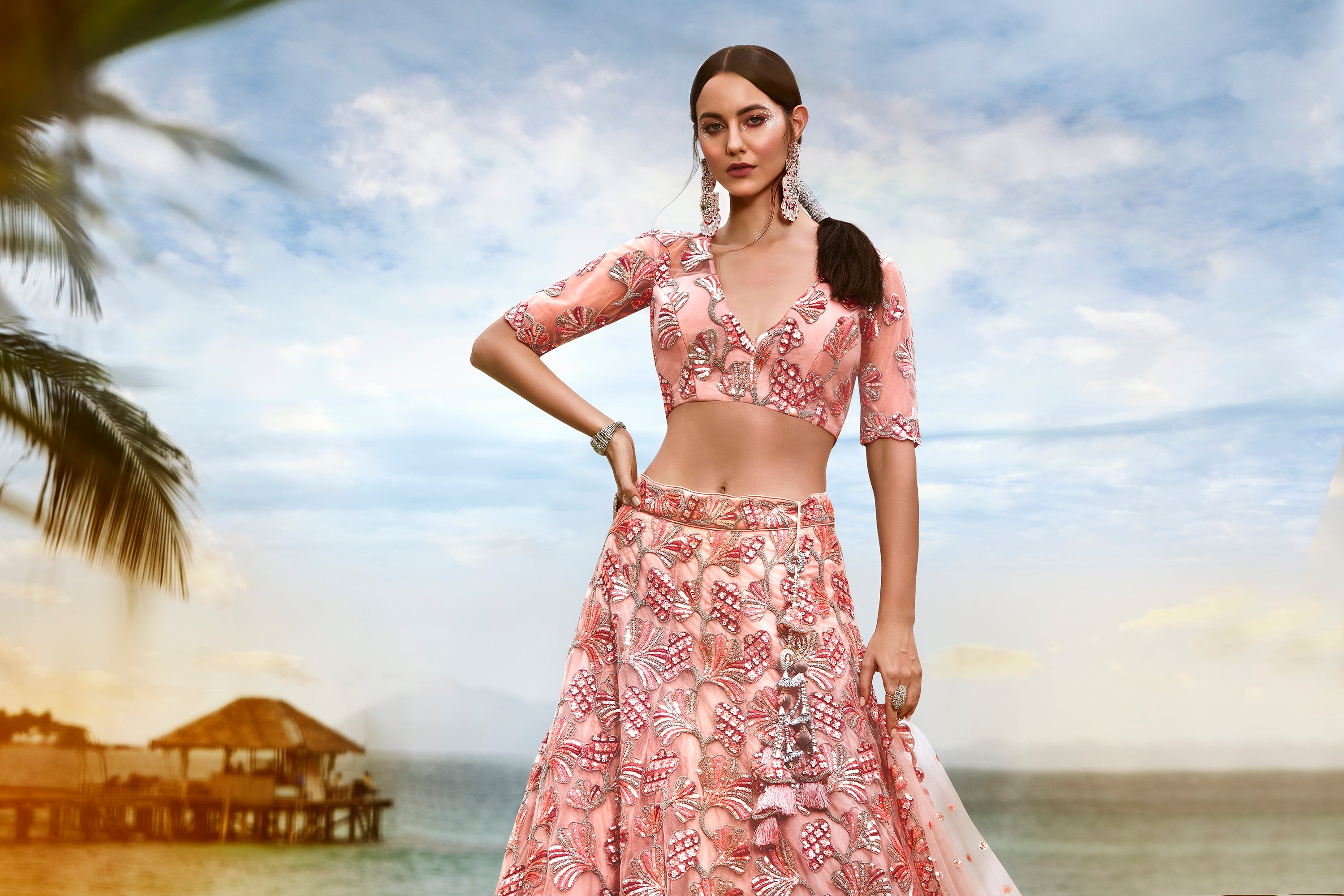Coral Net Sequins and thread embroidery Semi-Stitched Lehenga choli & Dupatta ClothsVilla