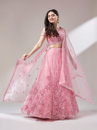 Coral Net Sequinse Work Semi-Stitched Lehenga & Unstitched Blouse, Dupatta Clothsvilla