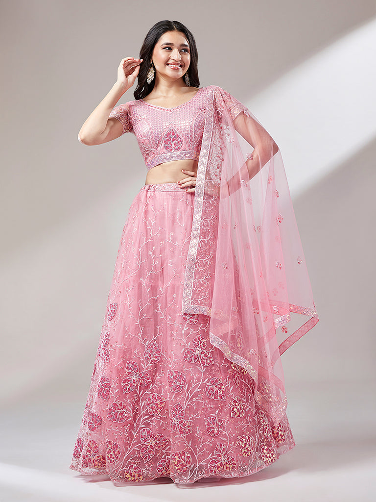 Coral Net Sequinse Work Semi-Stitched Lehenga & Unstitched Blouse, Dupatta Clothsvilla