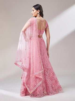 Coral Net Sequinse Work Semi-Stitched Lehenga & Unstitched Blouse, Dupatta Clothsvilla