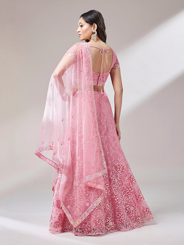 Coral Net Sequinse Work Semi-Stitched Lehenga & Unstitched Blouse, Dupatta Clothsvilla