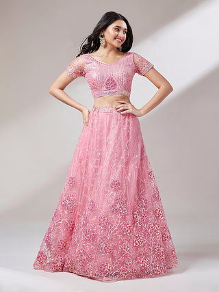 Coral Net Sequinse Work Semi-Stitched Lehenga & Unstitched Blouse, Dupatta Clothsvilla