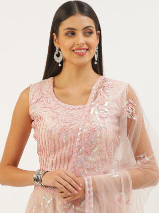 Coral Net Sequinse Work Semi-Stitched Lehenga & Unstitched Blouse, Dupatta Clothsvilla