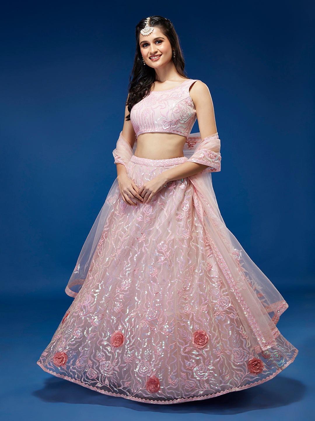 Coral Net Sequinse Work Semi-Stitched Lehenga & Unstitched Blouse, Dupatta Clothsvilla