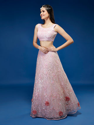 Coral Net Sequinse Work Semi-Stitched Lehenga & Unstitched Blouse, Dupatta Clothsvilla