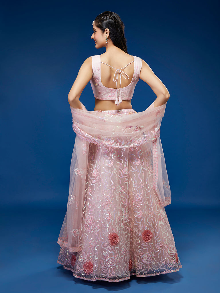 Coral Net Sequinse Work Semi-Stitched Lehenga & Unstitched Blouse, Dupatta Clothsvilla